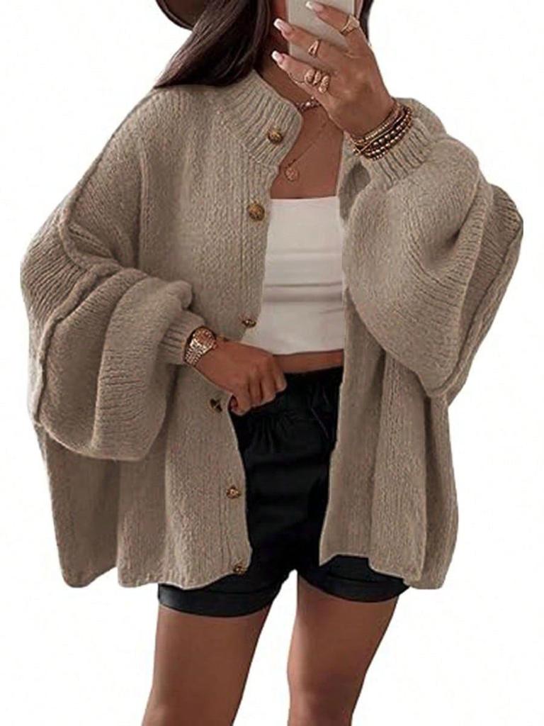Autumn/Winter Solid Color Knit Button Cardigan with Large Sleeves - Casual Style