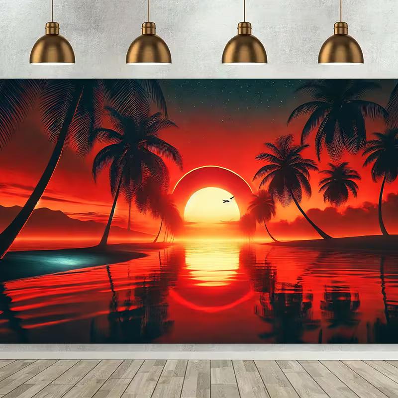 Tropical Island Sunset with Palm Trees Photography Background 47.2x31.5inch/120*80cm