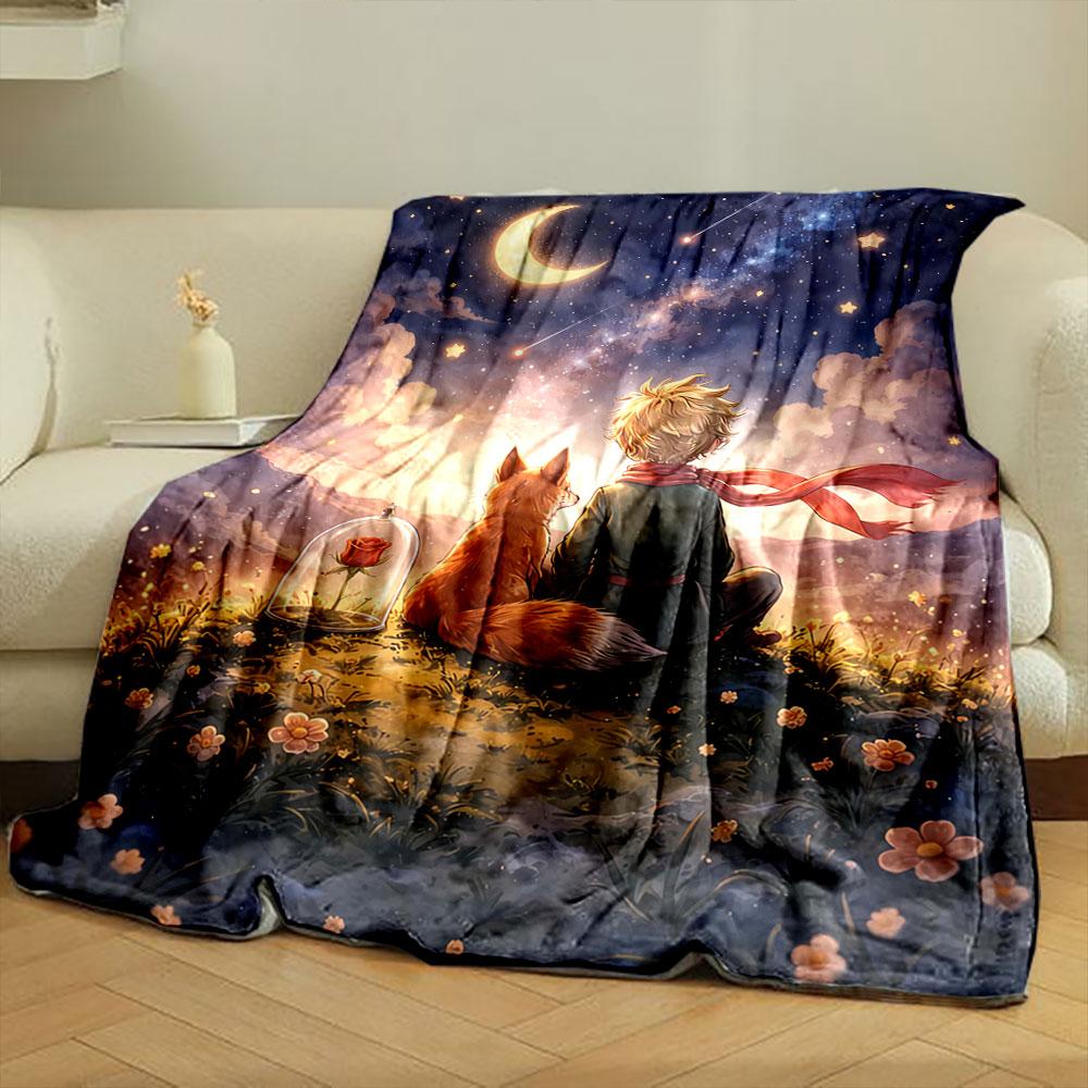 A boy and a fox sit on a hill gazing at a starry sky with a crescent moon. for all seasons blanket lunch break throw gift