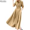 Women Casual Turn Down Collar Long Sleeve Long Dress