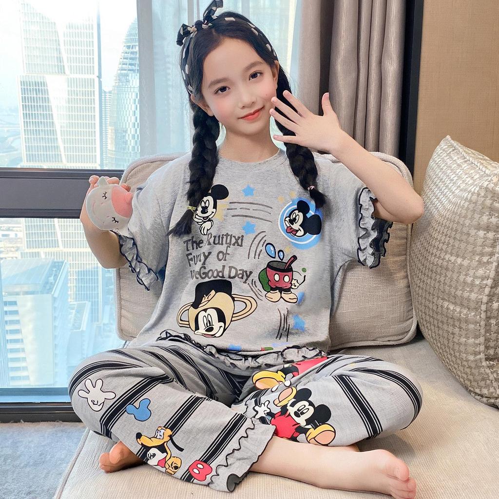 2026 New Summer Girls' Ultra-Thin Modal Pajamas Set: Short Sleeve Airy Comfort Suit for Medium and Large Kids