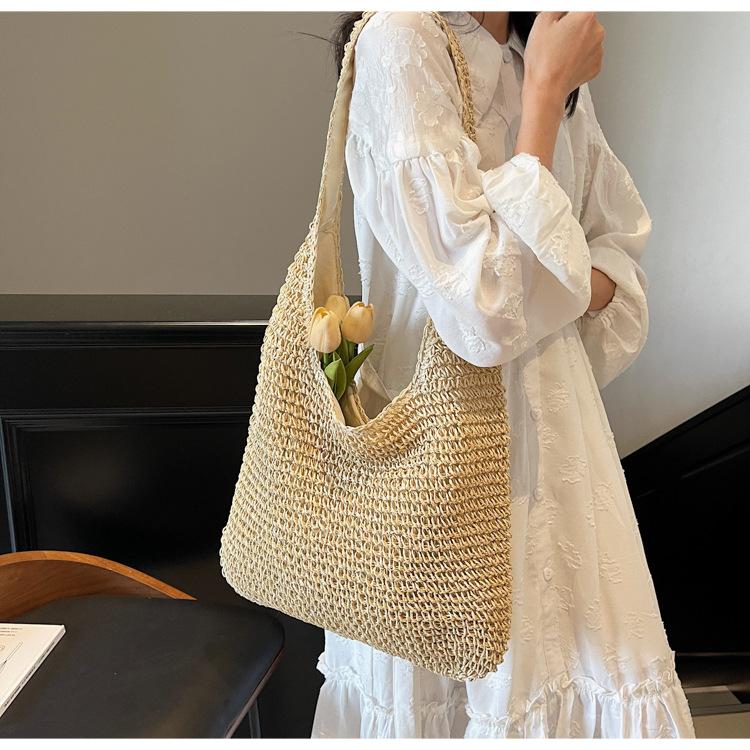 Lässige Urlaubs-Stroh-Webtasche Leichte Einfarbige Schulter Damenhandtasche Große Kapazität Stroh-Webtasche