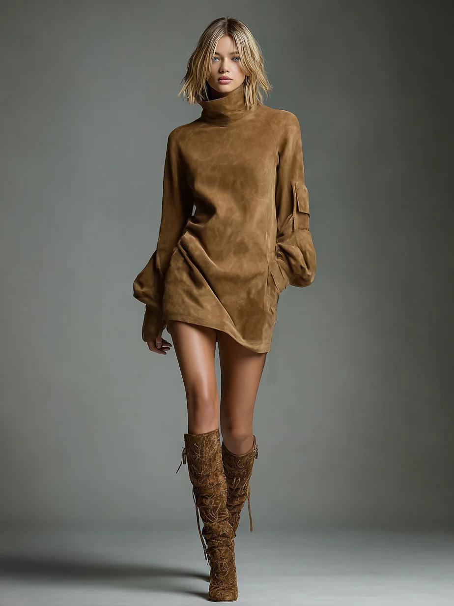 2026 Vintage Faux Suede Long Sleeve Short Dress with Retro Lapel for Women S