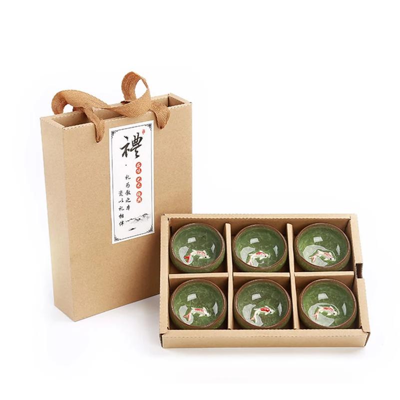 Gift Package 6pcs 3D Golden Fish China tea cup set,Kung Fu Tea Set Crackle Glaze Travel Tea Bowl Chinese Teacup Sets