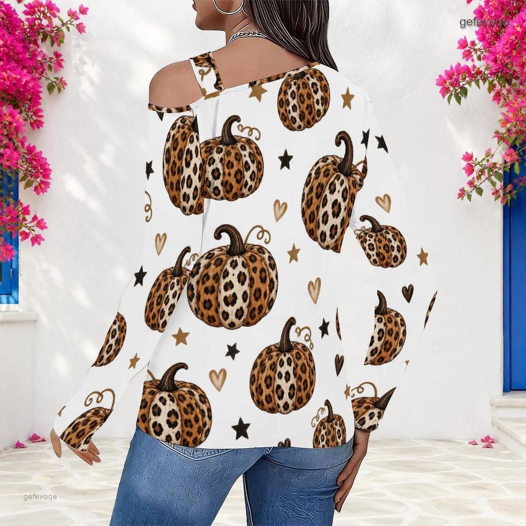 Women Plus Size Asymmetric Cutout Neck Cold Shoulder Long Sleeve Leopard Cherry Printed White Fitted Top