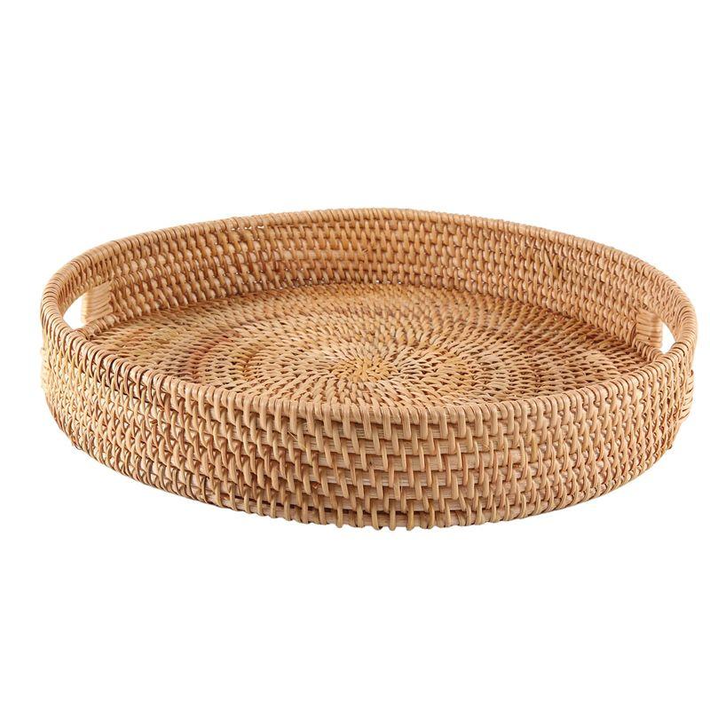 

ABWR-Round Rattan Serving Tray Decorative Woven Ottoman Trays With Handles For Coffee Table Natural