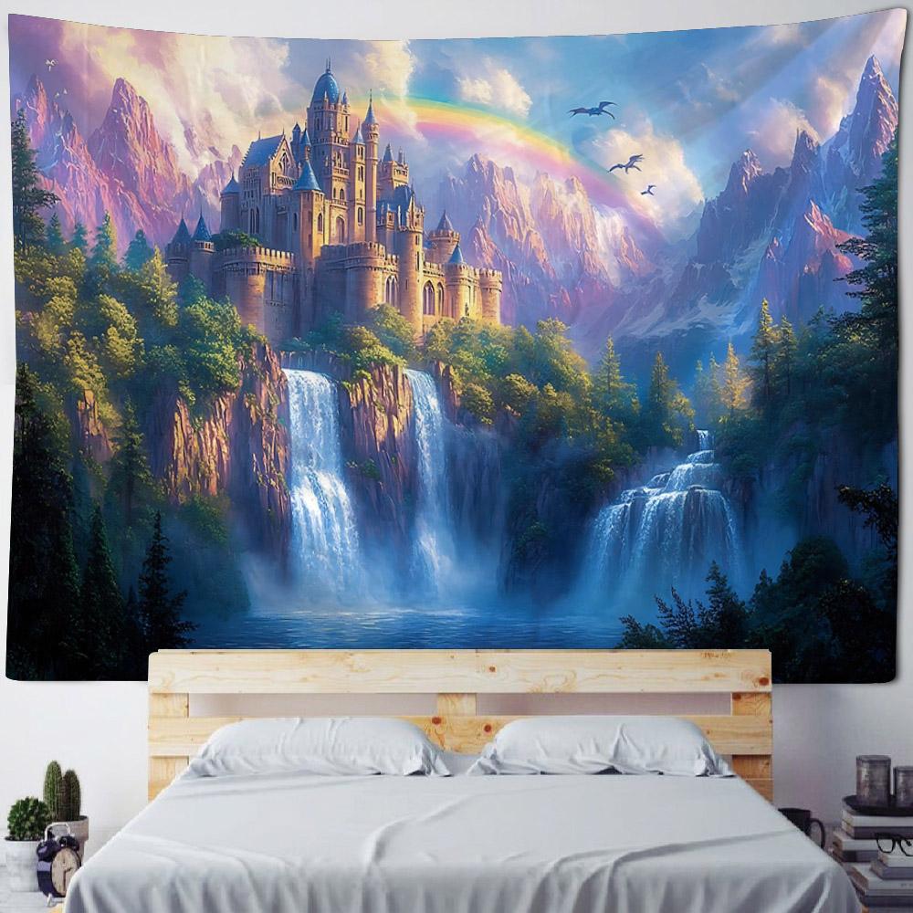 Dreamy Castle Background Wallpaper, Bedroom Tapestry, Cartoon Decoration, Hippie Aesthetic Home Wall Hanging, Yoga Mat