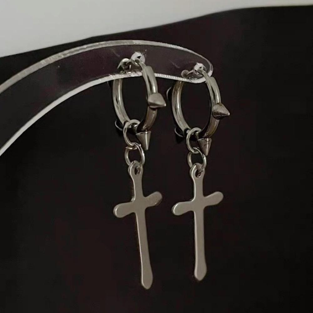 Trend Personality Geometry Sliver Color Cross Pendant Rivet Hoop Earrings for Women Men Gothic Punk Piercing Jewelry Accessory