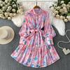 Spring Autumn Vintage Hydrangea Print  Long Sleeve Short Dress for Women Fashion Stand Collar Belt Slimming Ruffles Splice Mini Dress