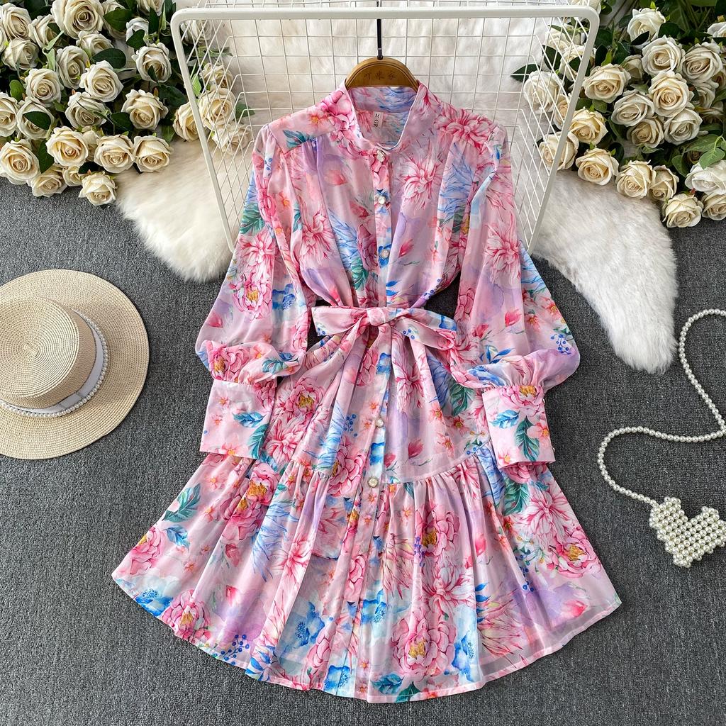 Spring Autumn Vintage Hydrangea Print  Long Sleeve Short Dress for Women Fashion Stand Collar Belt Slimming Ruffles Splice Mini Dress