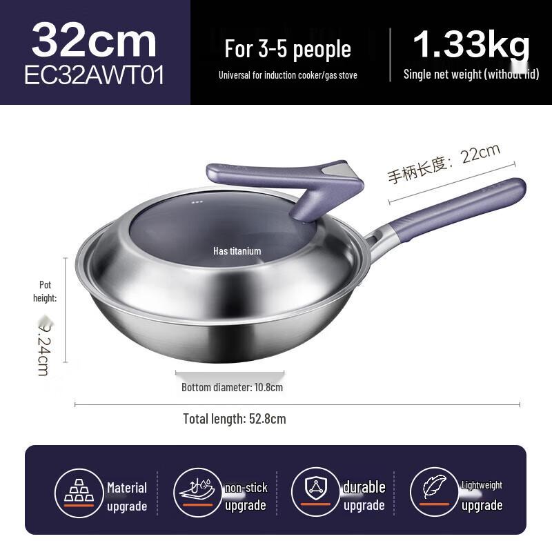 Supor 32cm Titanium 304 Stainless Steel Non-stick Wok with Standable Lid