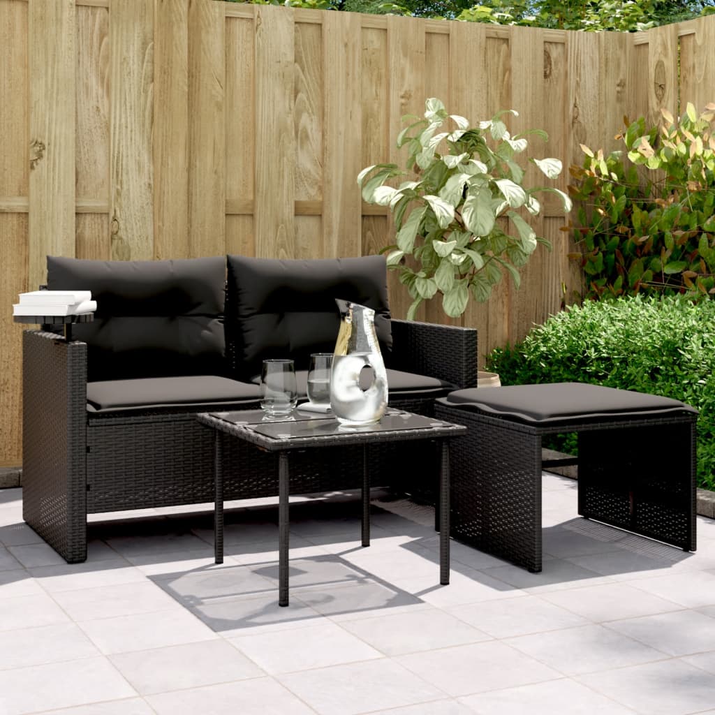 3 Piece Garden Sofa Set with Cushions Black Poly Rattan