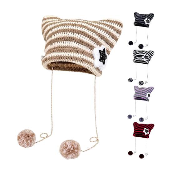 Winter Knitted Hat Cat Ear Design Plush Ball Decor Striped Print Windproof Warm Women Hat Cold Weather Headwear