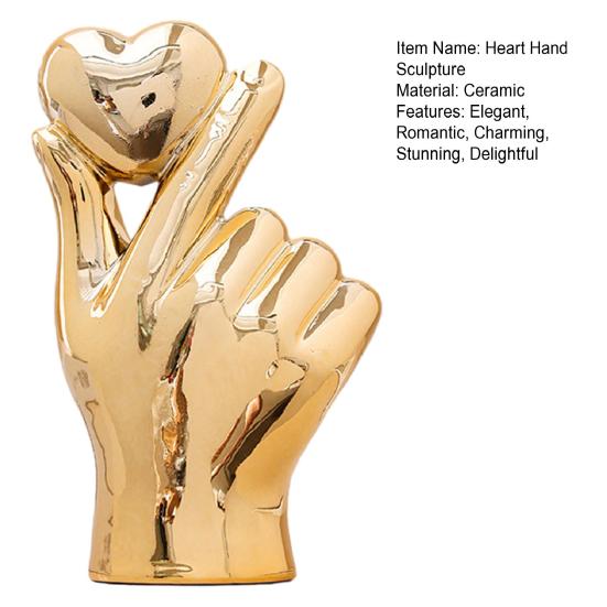 Love Gesture Single Hand Statue Ceramic Heart Hand Sculpture Golden Silver Table Ornament for Living Room Bedroom Bookshelf Desktop Decor