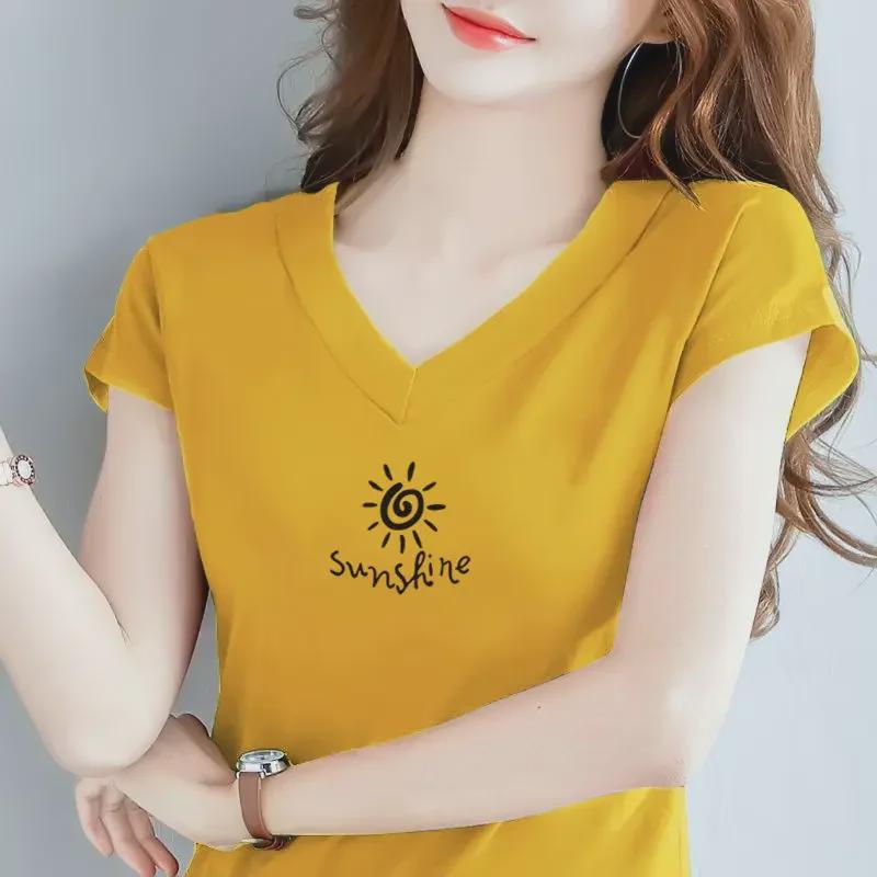 Damen 2024 V-Ausschnitt Lockeres Kurzarm-T-Shirt aus reiner Baumwolle - Sommeroberteil in Übergröße