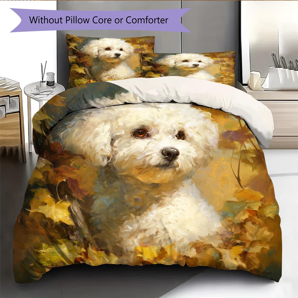 Bettwäsche mit Blätter- und Bichon-Muster, Heimdekoration, Geburtstagsgeschenk (1 Bettbezug + 2 Kissenbezüge, ohne Füllung)