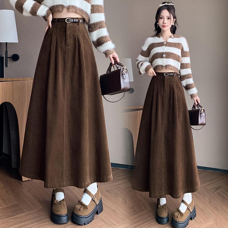 Women's High Waist Corduroy Midi Skirt - 2025 Autumn Winter Korean Style, Large Flare Pleated Design