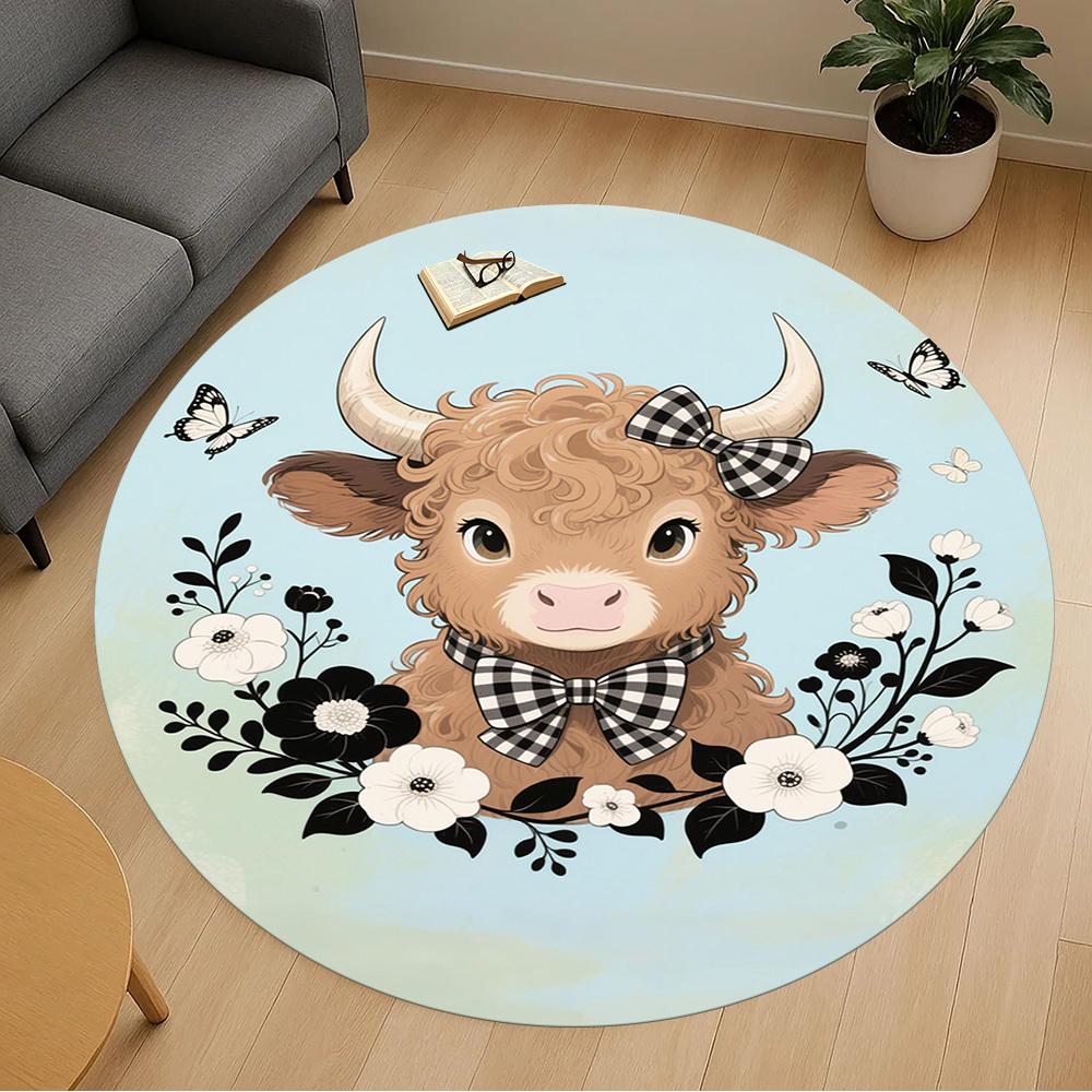 1PC Cow Bowtie Flowers Round Chair Mat Area Rug - Non-Slip, Floor Mat for Office, Bedroom, Home Decor Christmas Gift C0528087