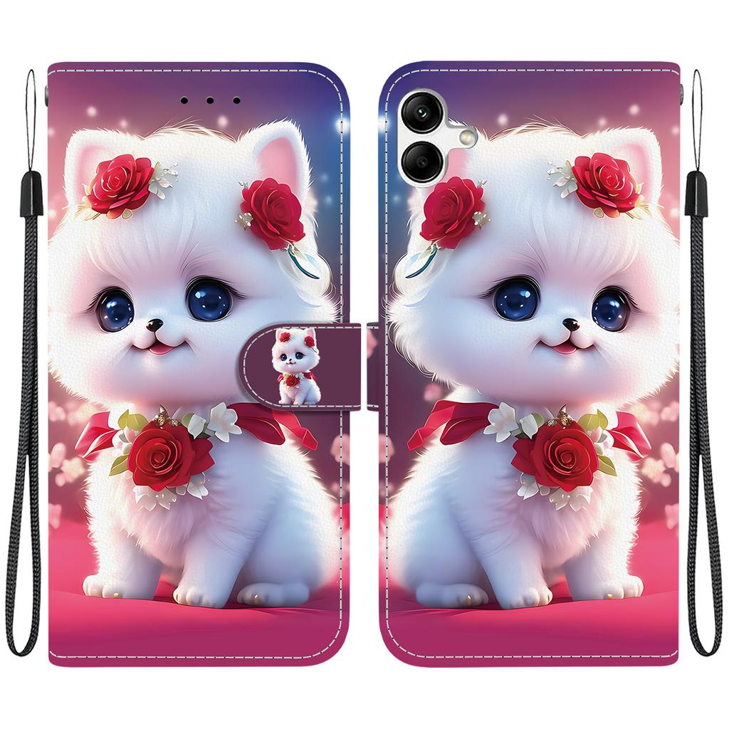 Ručně vyráběné PU kožené pouzdro s odklápěcím krytem pro Samsung A04e/F04/M04 (SM-A042F/E045F/M045F)- Protiskluzový nárazuvzdorný kryt s poutkem na zápěstí a designy srdce/růže a kočky