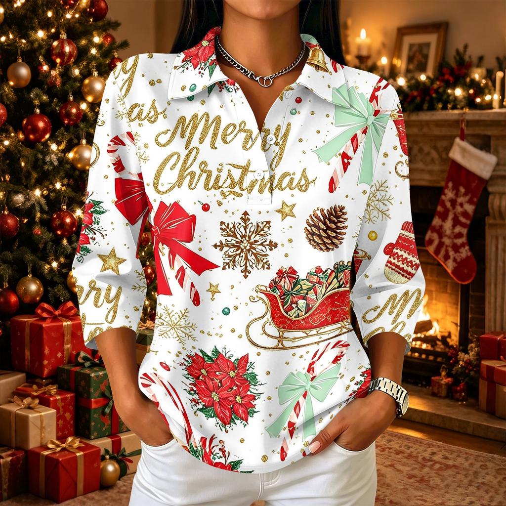 Women's Casual Christmas Print 3/4 Sleeve Button Down Collared Shirt