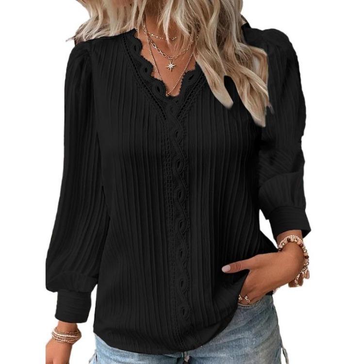 Damen Mode V-Ausschnitt Langarm Pullover Bluse Lässig Uni Farbe Druck Tops Frühling Herbst