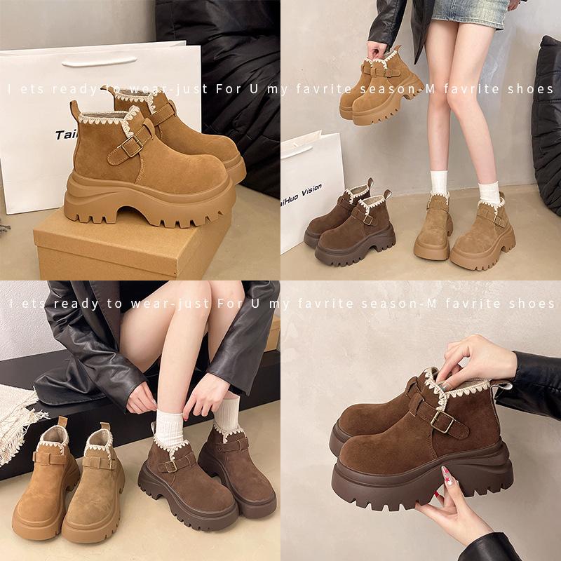 Small muffin thick-soled heightening Martin boots women's super fire small short boots Maillard brown versatile autumn and winter knight boots