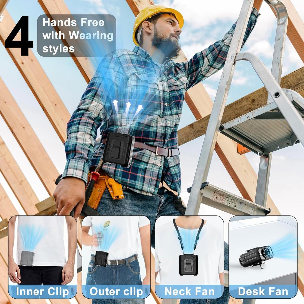 Portable Waist Fan, Built-in Cable 10000mAh Rechargeable, Wearable Personal Shirt Fan, 5-Speeds 16000RPM Strong Airflow, 35H Cooling with Light, Neck