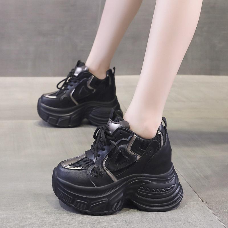 Fashion 10CM Women Casual Leather Mesh Shoes New Autumn Breathable Chunky Sneakers Street Height Increased Shoes Thick Platform Sneakers