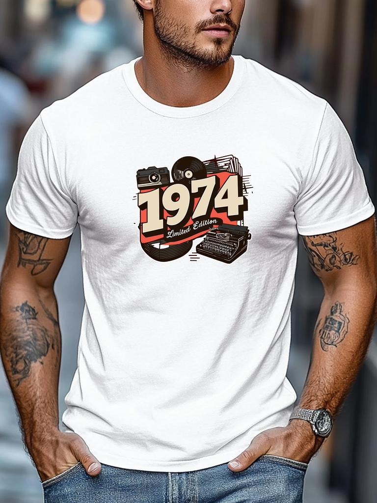 Mens Retro TShirt 1974 Limited Edition Vintage Print Short Sleeve Round Neck Breathable Nostalgic Daily Wear TShirt