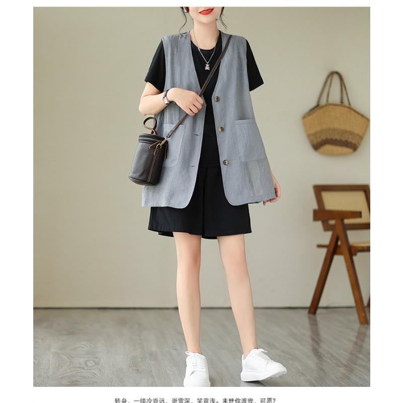 Women Plus Size Linen Blend Sleeveless Vest Open Front V Neck Top