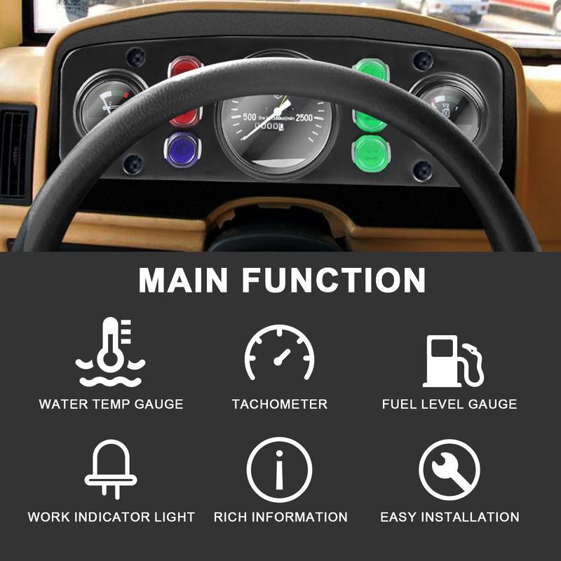 Tractors Universal/Long Water Temp Gauge Fuel Level Meter Tachometer 3 In 1 Kit Instrument Panel Complete For 12V Vehicle Meter