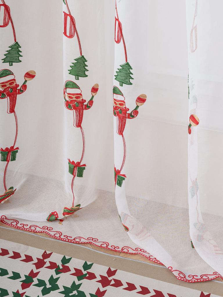 1PC Cartoon Santa Claus Christmas Lace Embroidered Thin Curtain for Bedroom And Living Room Holiday Decorative Window Treatment