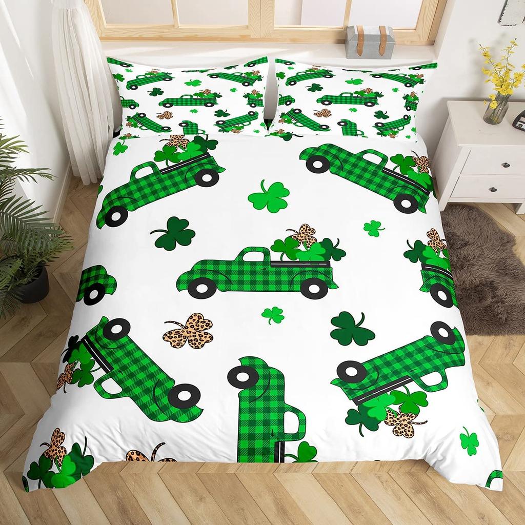 St. Patrick's Day Duvet Cover Cute Cats Rainbow Bedding Set Retro Lucky Clover Polyester Quilt Cover Cute Animal Comforter Cover