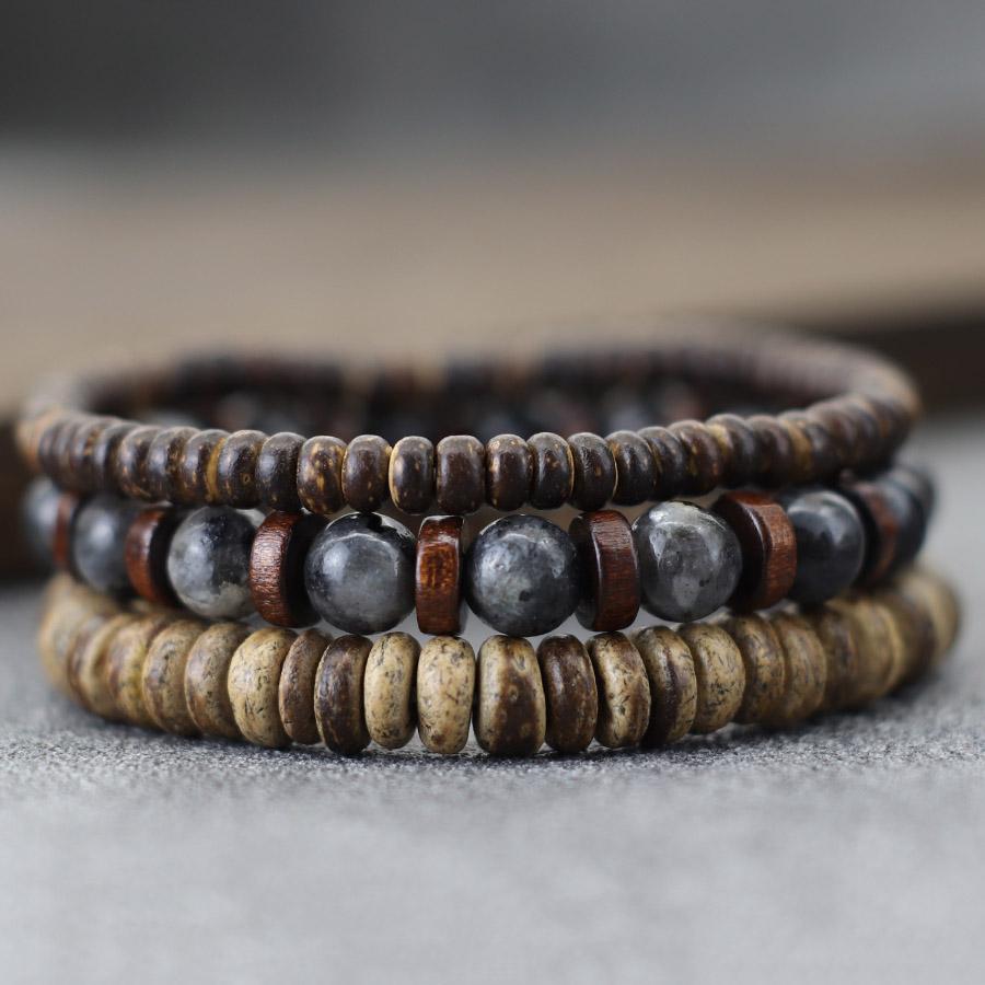 3Pcs Coconut Husk Wooden Bracelet Homme Turquoises Lava Tiger Eyes Strand Braclet Meditation Healing Braslet Accessories Hombre