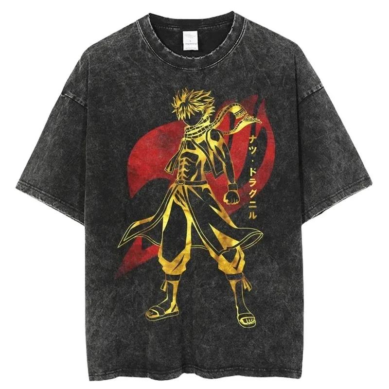 2026 Summer Vintage Washed Fairy Tail Manga Cover Anime T-Shirt Unisex Oversized Streetwear Cotton Short Sleeve Casual Tops