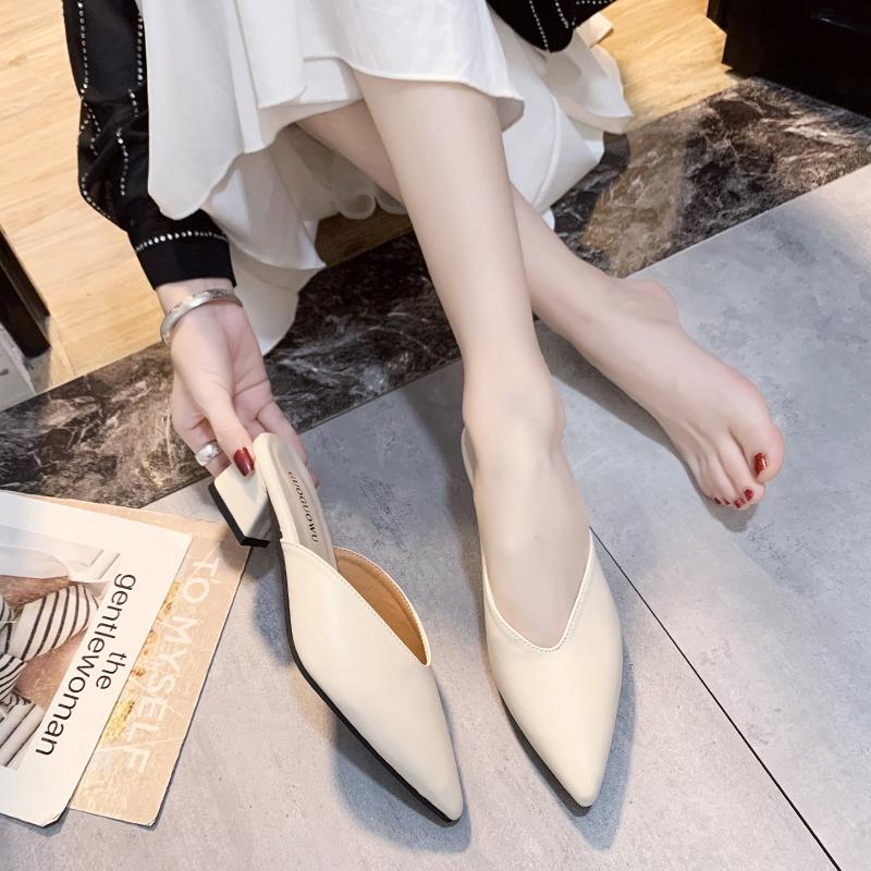 2025 Women High Heels Slippers Baotou Women Shoes Sexy Pointed Toe Chunky Heels Mules Outdoor Walking Slides Femme