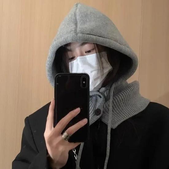 Knitting Hat Solid Color Buttons Closure Drawstring Hooded Scarf Women Winter Warm Windproof Elastic Thermal Hat