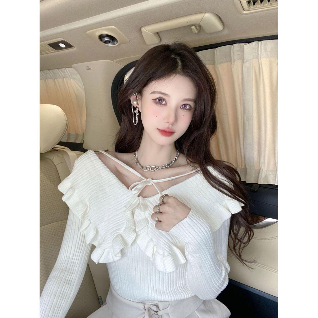 Autumn Winter Off-Shoulder Knitted Top with French Ruffle Peter Pan Collar