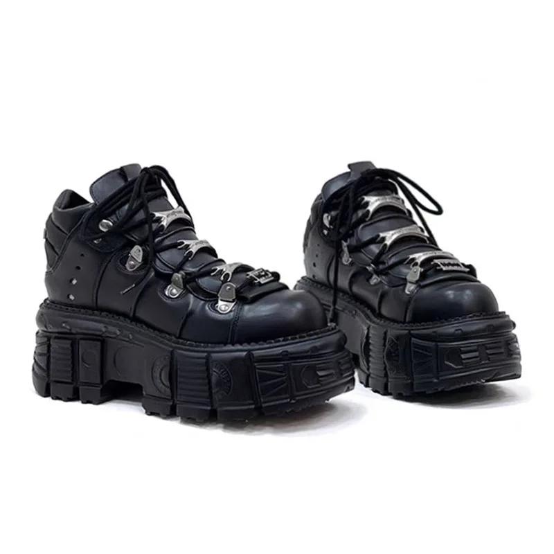 Punk Style Women Black Shoes Rock Metal Decor Lace-up Heel Height Platform Shoes Gothic Man Sneakers Women Ankle Boots