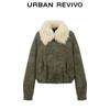 UR Women's Vintage Embroidered Faux Fur Collar Denim Jacket
