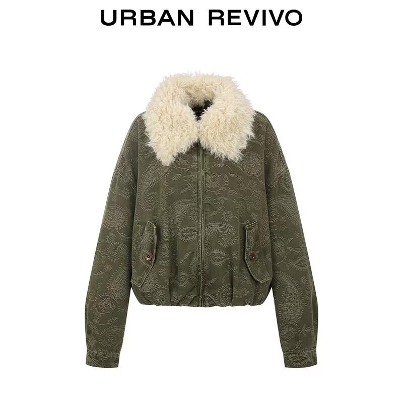 UR Women's Vintage Embroidered Faux Fur Collar Denim Jacket