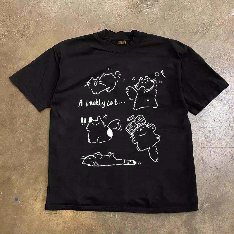 American Retro Playful Cat Print Unisexs And Unisexs Fashion Trend Short Sleeved Summer New Soft Skin Friendly Casual Tshirt
