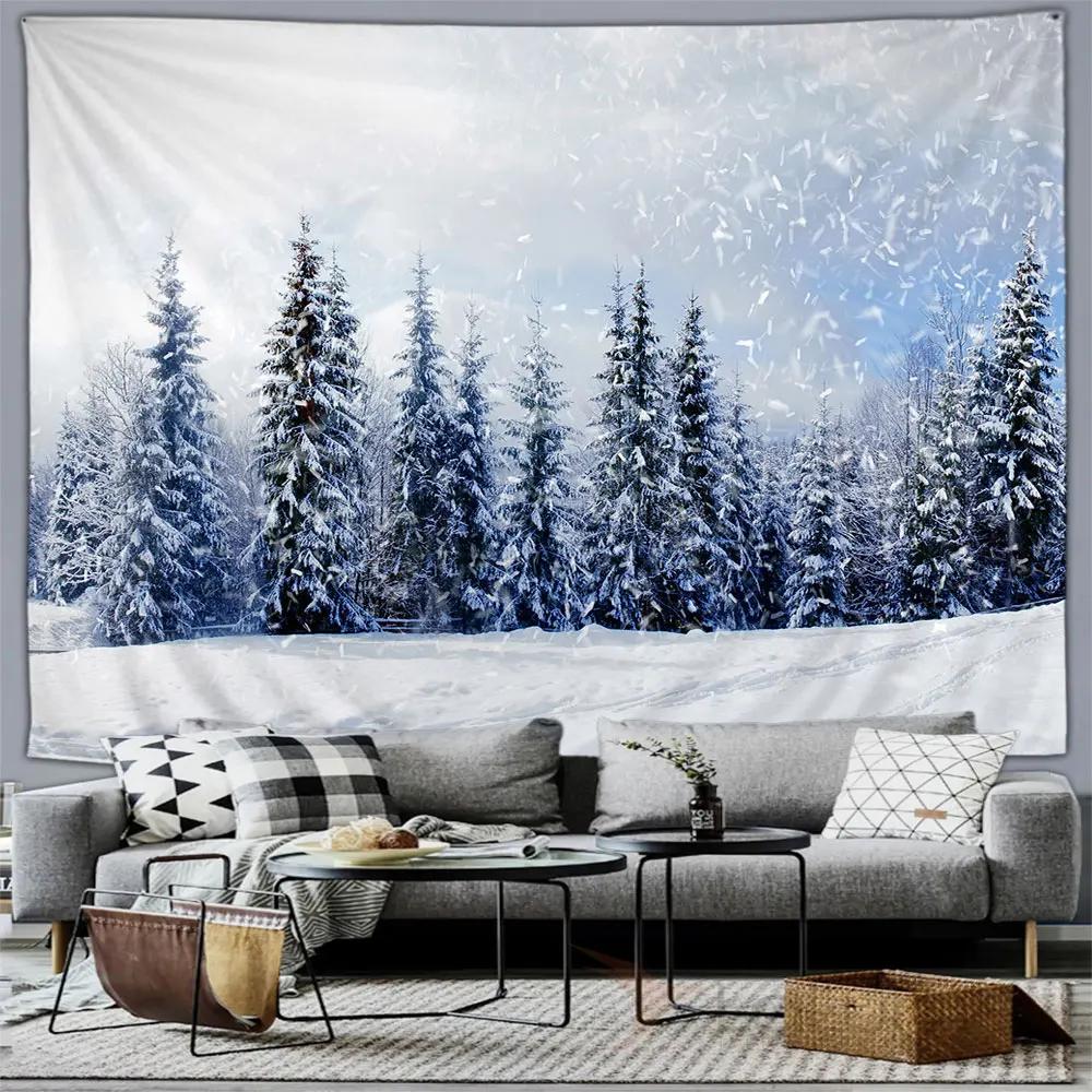 Winter Forest Snow Scene Tapestry Wall Hanging Christmas Tree Happy New Year Bedroom Living Room Home Decoration