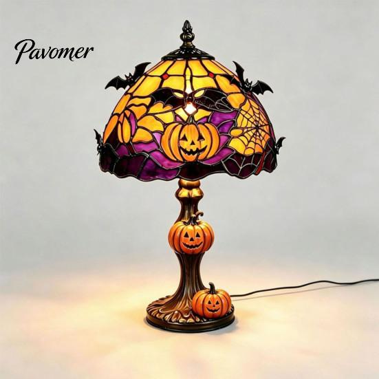 Interior Gothic Lighting Halloween Pumpkin Bat Table Lamp, Stained Glass Reading Light, Night Light Cozy Nightstand for Bedroom Bookshelf, Seasonal