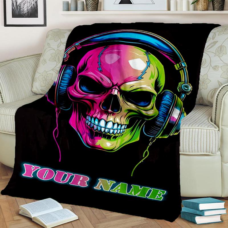 1PC Custom Name Colorful Skull Music Art Flannel Blanket Versatile,all-season Throw Suitable for the Living Room,bedroom,camping,travel,and Gift