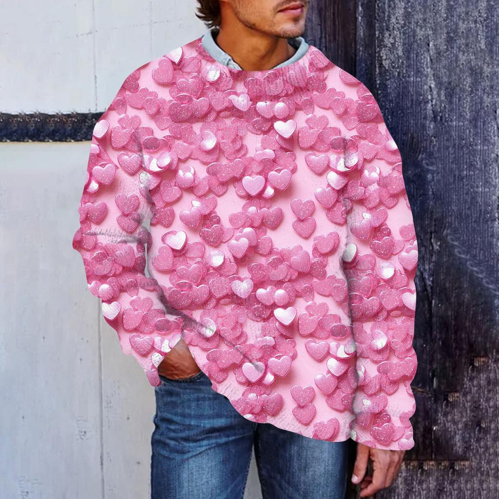 Men's Valentine's Day Print Faux Sweater, Crewneck Sweatshirt, Loose Long-sleeved Top