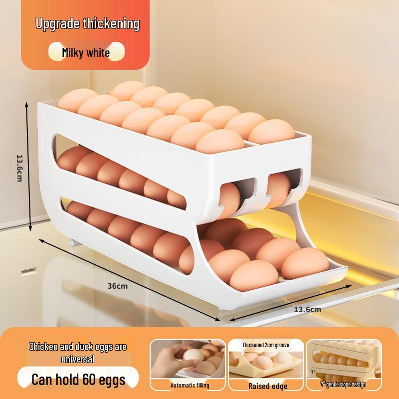 

Двухслойный контейнер для хранения яиц: Многослойный наклонный дизайн с автоматическим роликом для дверцы холодильника - Идеально для хранения яиц белый