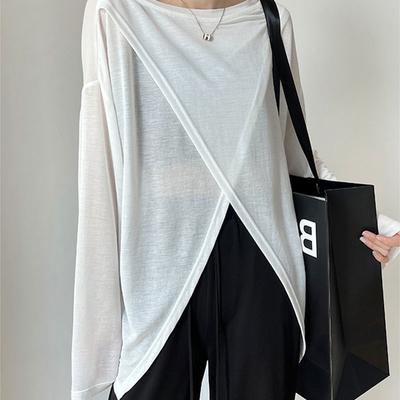 Summer Elegant Fashion Harajuku Slim Loose Casual All Match Tshirts Solid O Neck Thin Style Long Sleeve Tees