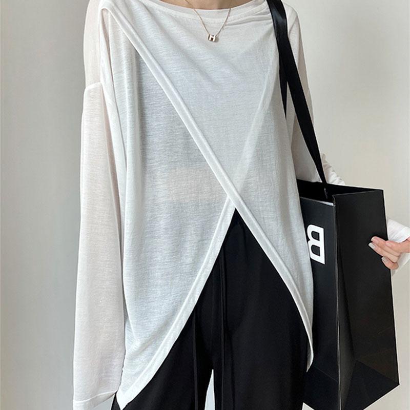 

Summer Elegant Fashion Harajuku Slim Loose Casual All Match Tshirts Solid O Neck Thin Style Long Sleeve Tees ONESIZE білий