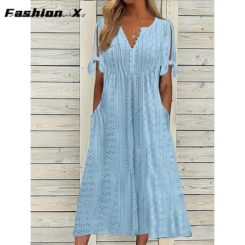 

Летние новые женские женские платья из Европы и США, с полым v-образным вырезом и кружевными оборками 3XL синий